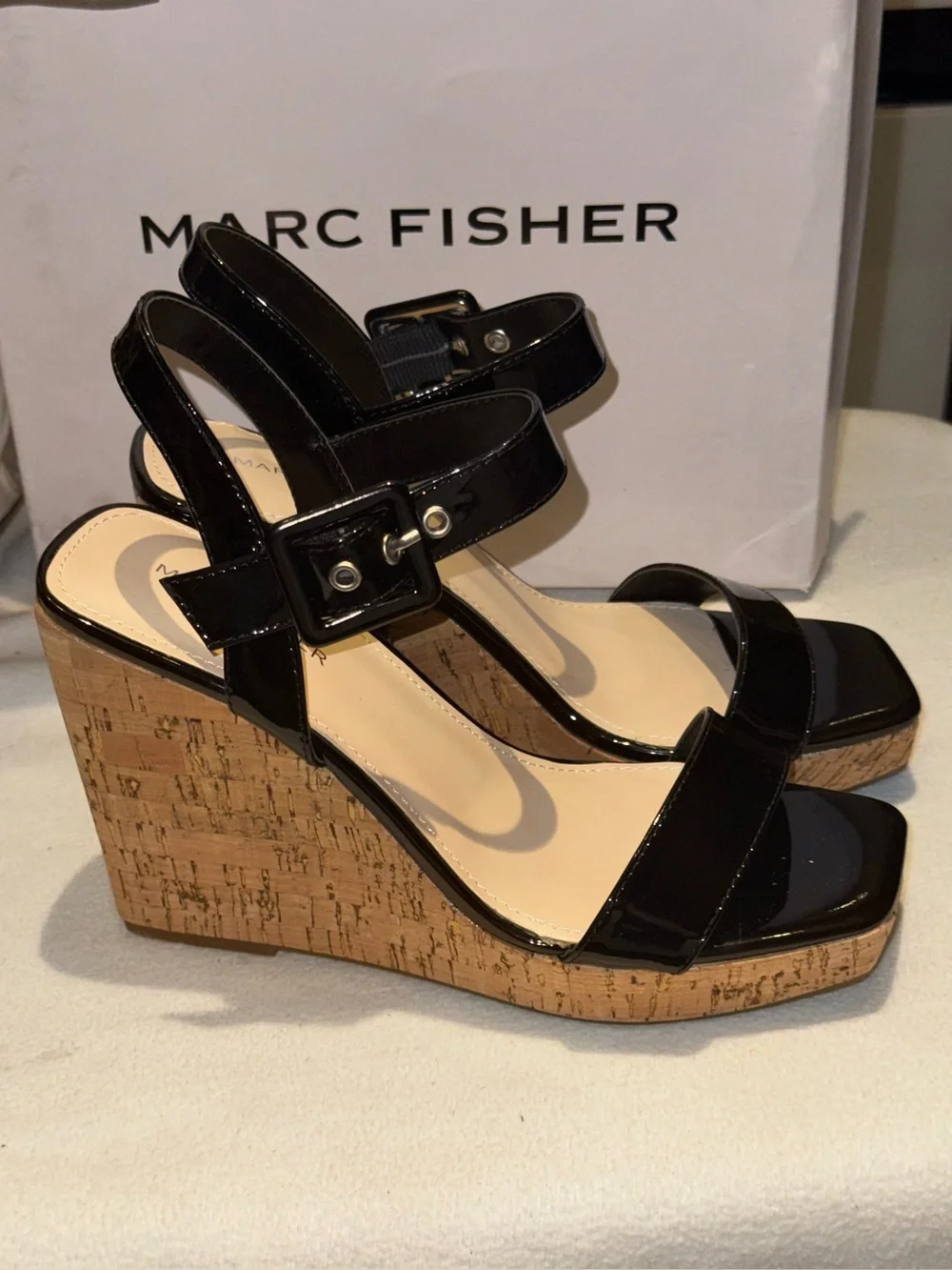 Marc Fisher Black Patent Cork Platform Wedge Sandals
